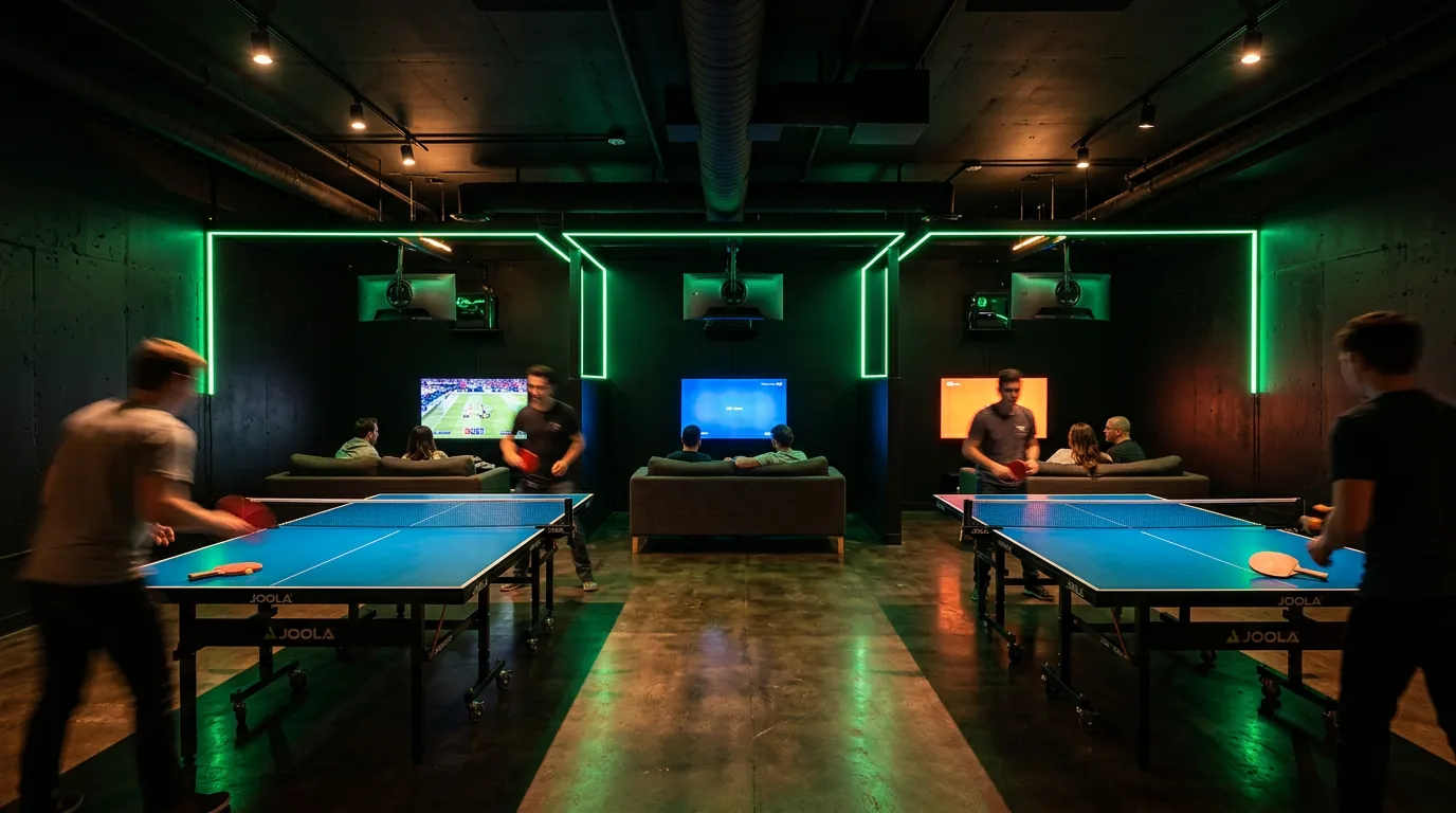 Mesas de tenis de mesa y estaciones de PlayStation con luces verdes
